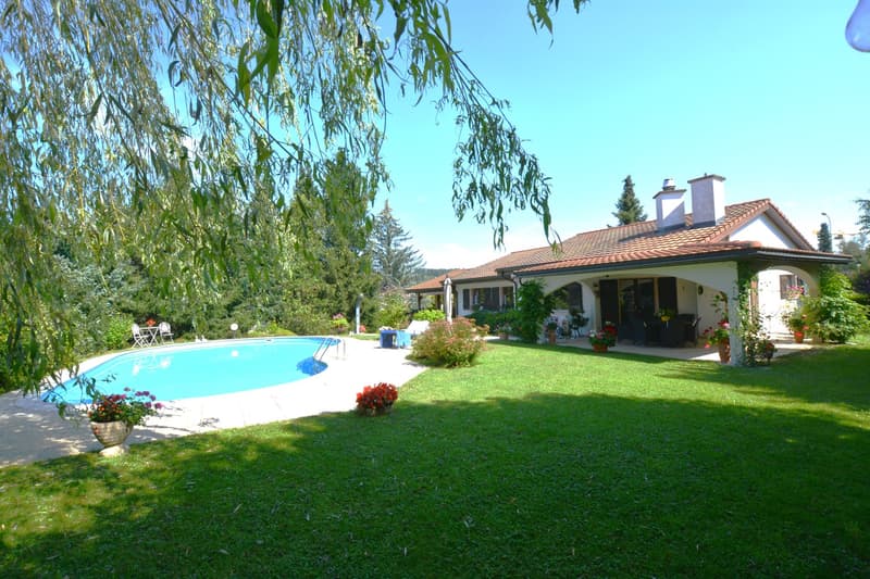 spacious villa, pool, well-manicured garden, covered terrace, lush greenery, panoramic view