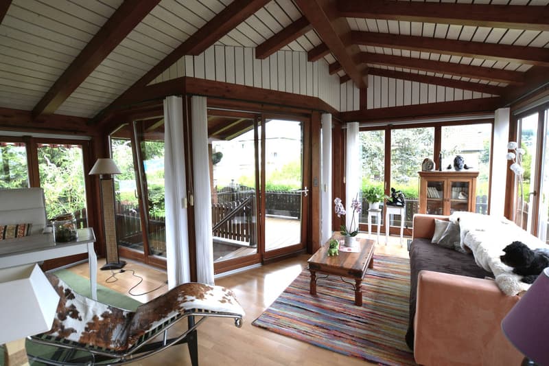 wooden ceiling, large windows, glass doors to terrace, wooden floor, comfortable sofa, coffee table, lamp, rug