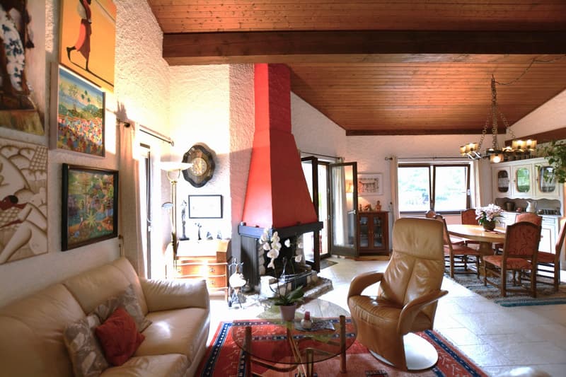 Fireplace, sofa, chairs, dining table, paintings, ceiling fan, lamp, rug