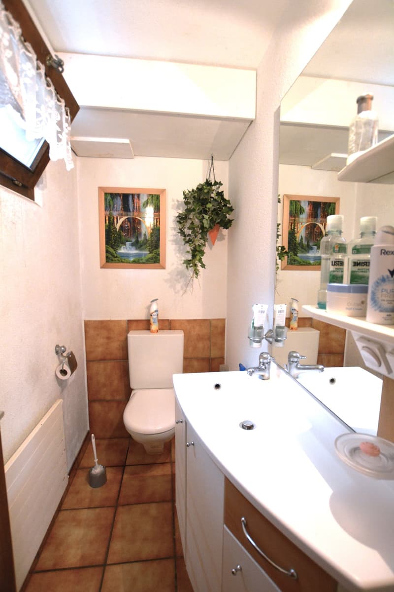 white fixtures, tiled floor, mirror, painting, toilet, sink, toilet paper holder, shelves, radiator