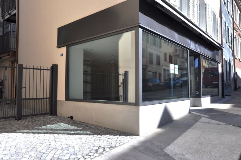 Facade of a building with glass windows, black metal gate, cobblestone street