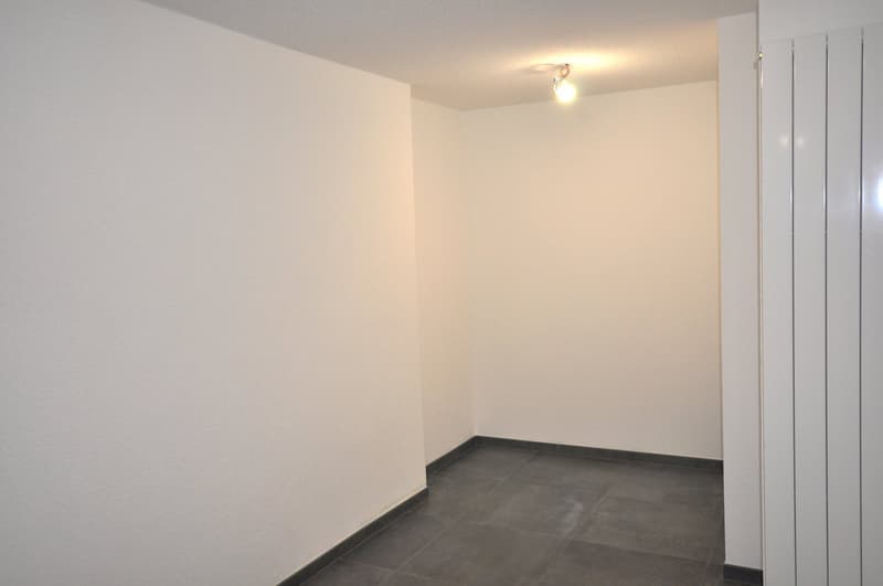 empty room, white walls, ceiling light, tiled floor