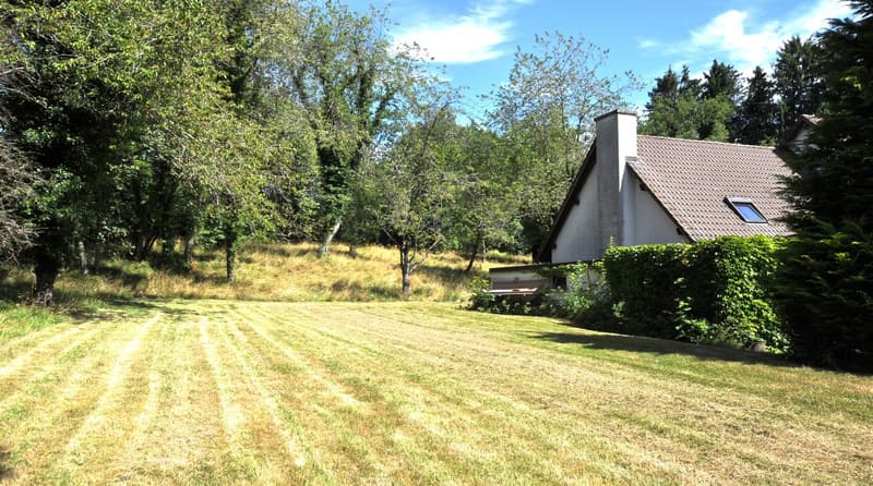 1-storey house, brown roof, chimney, garden, trees, open field