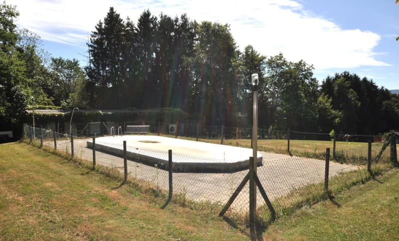 pool in the middle of the garden, surrounded by a chain-link fence