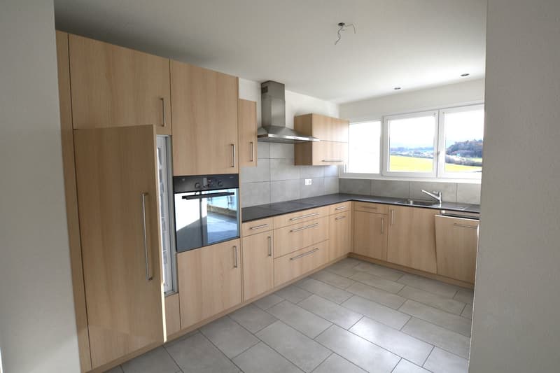 modern kitchen, wooden cabinets, black countertops, gas stove, fridge, window, extractor hood