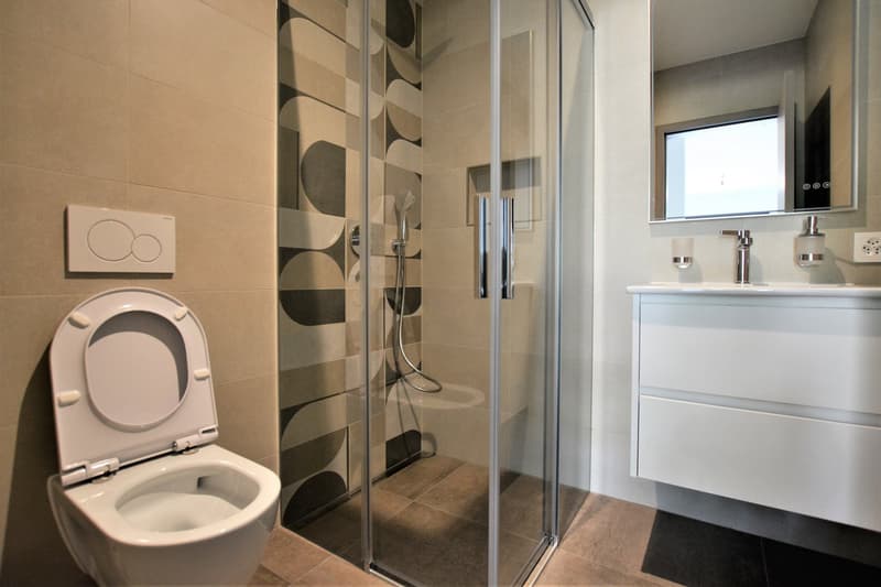 Glass-enclosed shower, white modern toilet, white modern sink, white vanity, beige tiles