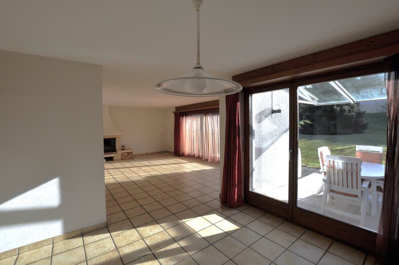 Fireplace, dining table and chairs, sliding glass doors to terrace, tiled floor, pendant light