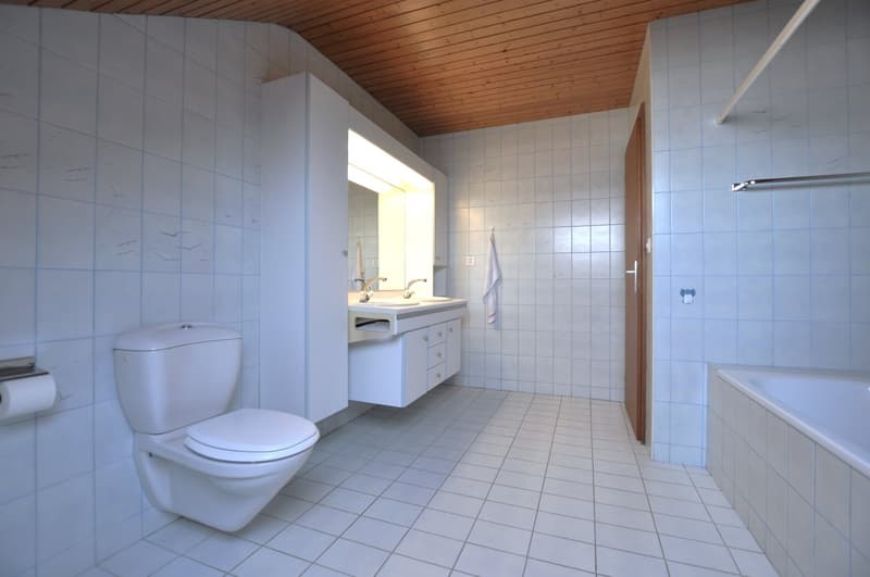 Bathroom: white tiled walls, wooden ceiling, sink, mirror, toilet, bathtub, washing machine