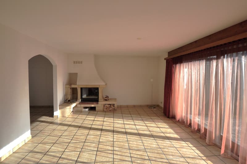 tiled floor, white walls, fireplace, open area, pink curtains