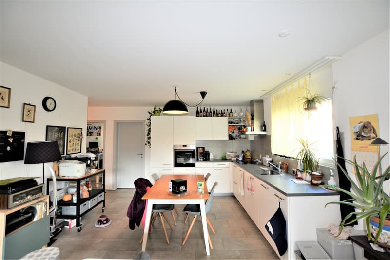 modern kitchen with white cabinets, island table, open floor plan, wooden flooring, modern appliances, decorative plants