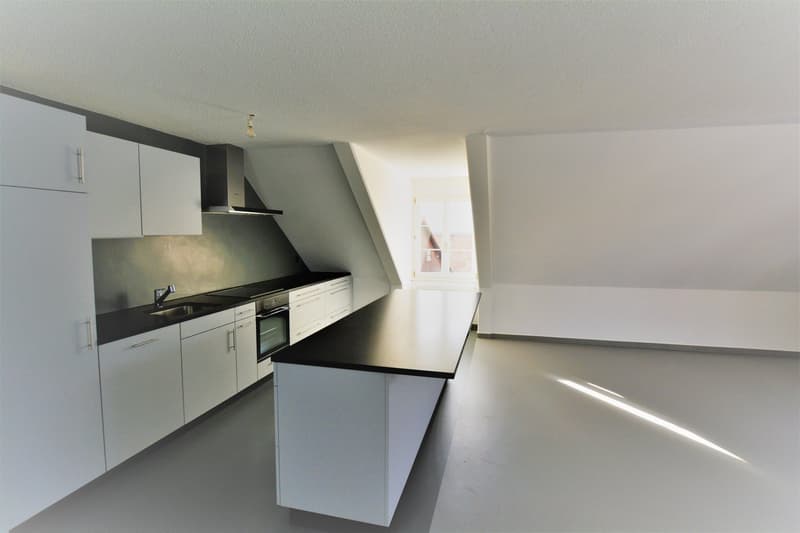 modern kitchen, central island, sink, countertop, wall cabinets, floor cabinets, oven, kitchen hood, window
