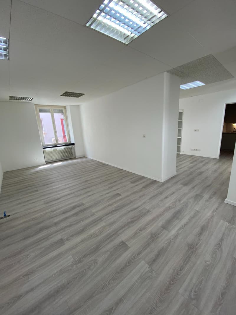 large room, wood flooring, white walls, white ceiling, window with white curtains, radiator, door