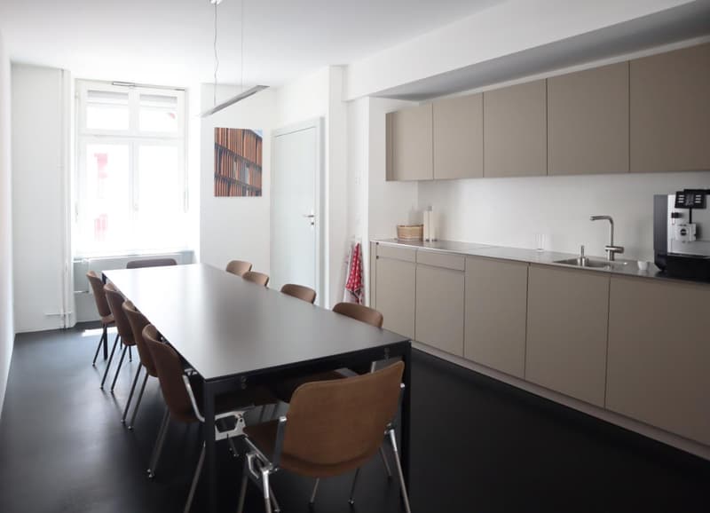 modern kitchen, large dining table, hardwood floor, large window