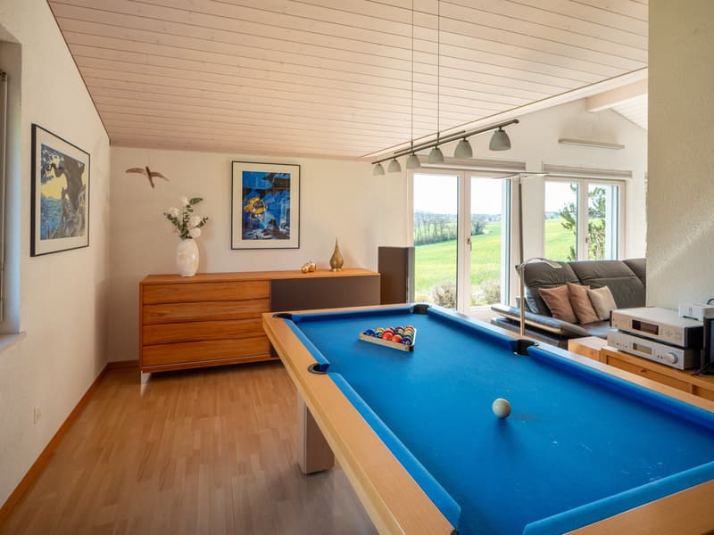 A room with a pool table, a couch, a wooden cabinet, and a stereo system. The room has a wooden floor and white walls. There are two picture frames on the wall, and a vase with flowers is on the cabinet. The room has a glass door that leads to a grassy fi