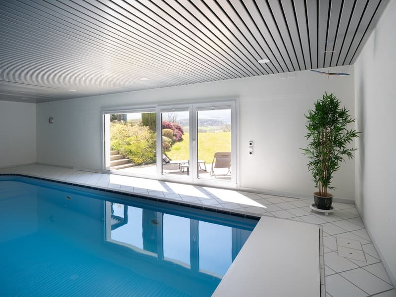 An indoor swimming pool with white tiles, sliding glass doors, and a potted plant.