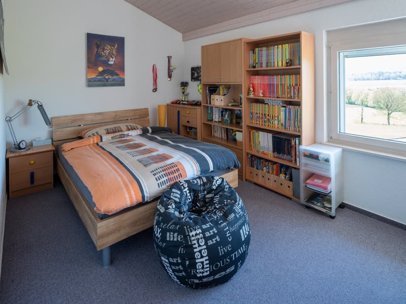 Bedroom with bed, lamp, nightstand, bookcase, and bean bag chair. The bed has a colorful bedspread. The bookcase is filled with books. A painting of a leopard is on the wall. A trophy is on the shelf. The window offers a view of the outside.