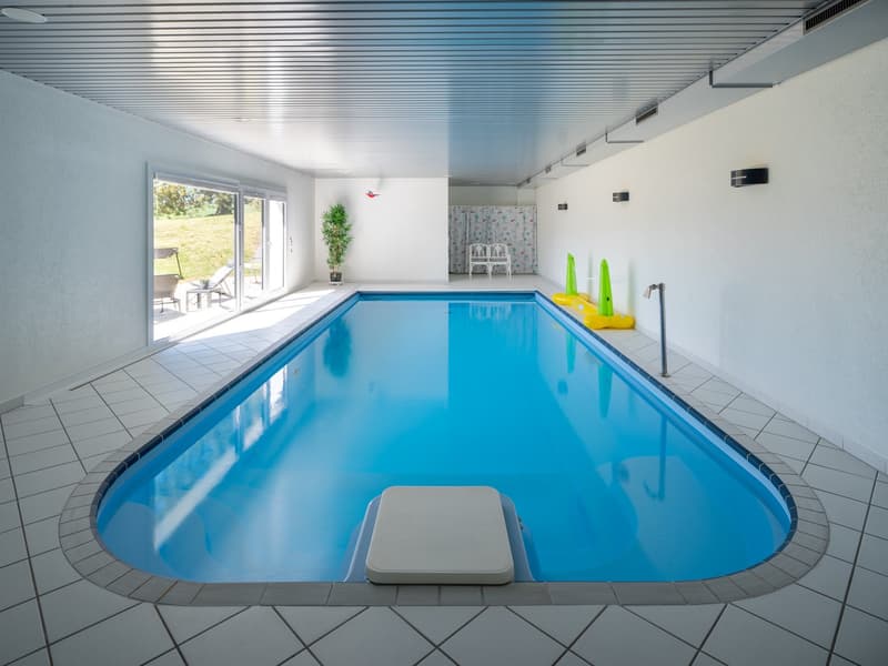 An indoor swimming pool with a white tile floor and a white pool ladder. The pool is surrounded by a white wall and has a plant and chairs outside the glass door.