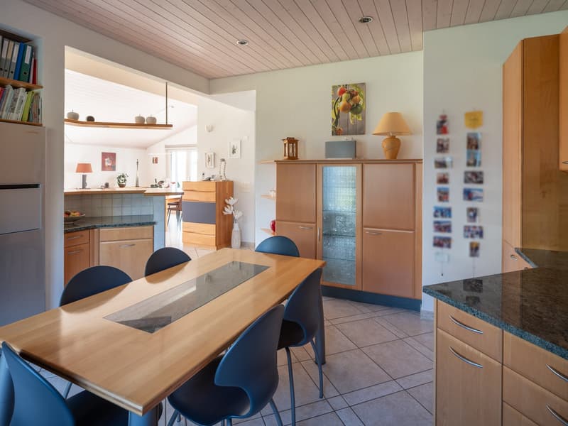 Dining area with a wooden table, blue chairs, and a lamp. Wooden cabinets and a refrigerator are visible. Bookshelves, a plant, and a picture frame are on the wall.