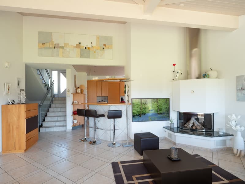 Open-plan living and dining area with fireplace, modern furniture, and a large TV.