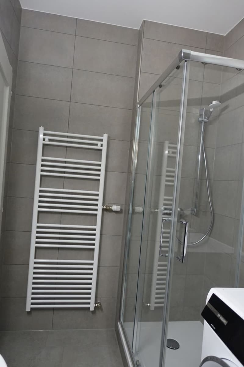 Tiled walls, modern shower enclosure, white towel radiator, white washing machine