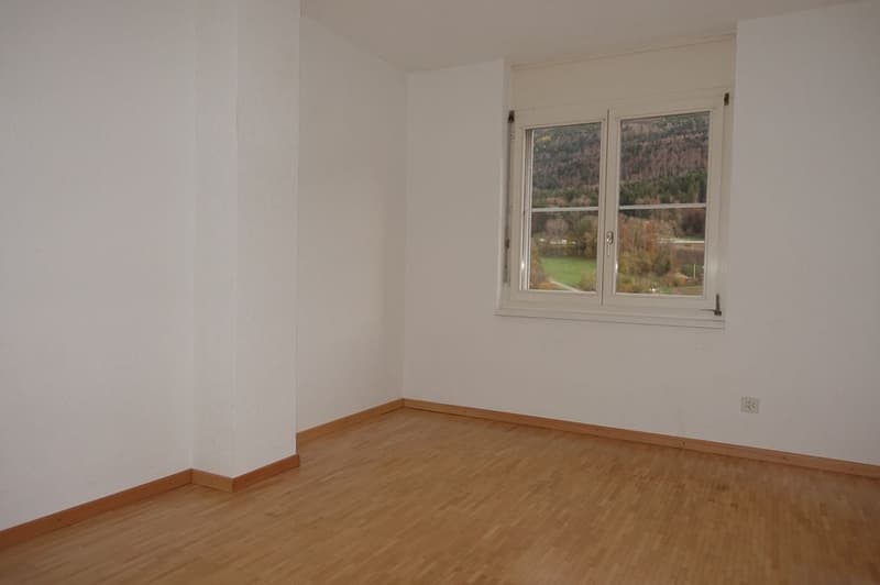 empty room with white walls, wooden floor, window with view of mountains and fields