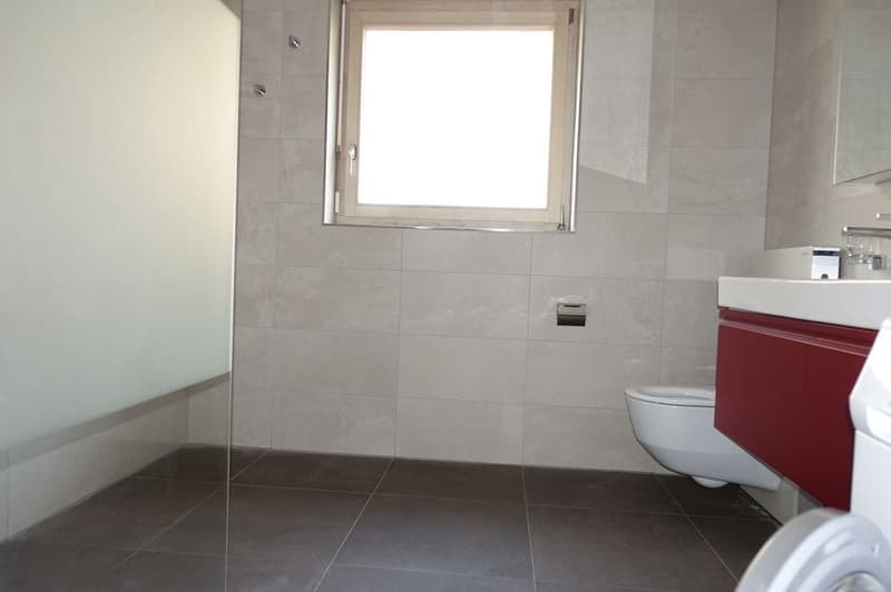 modern bathroom with white tiles, glass shower, white toilet, red cabinet, white sink, mirror