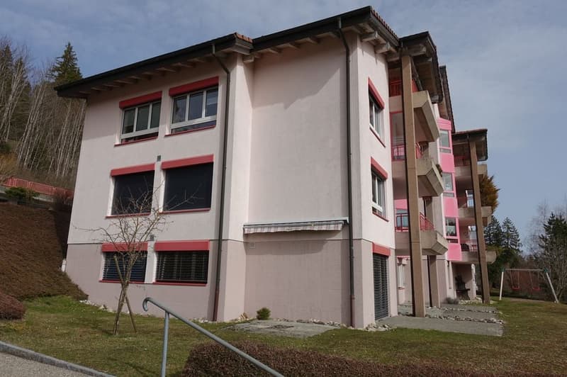 3 story apartment building, pink and white exterior, multiple balconies, green lawn, trees in the background