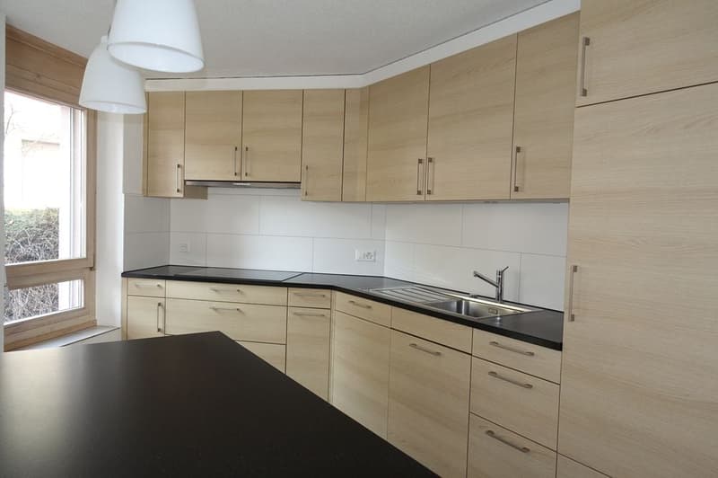 modern kitchen with wooden cabinets, black countertops, stainless steel sink, and appliances