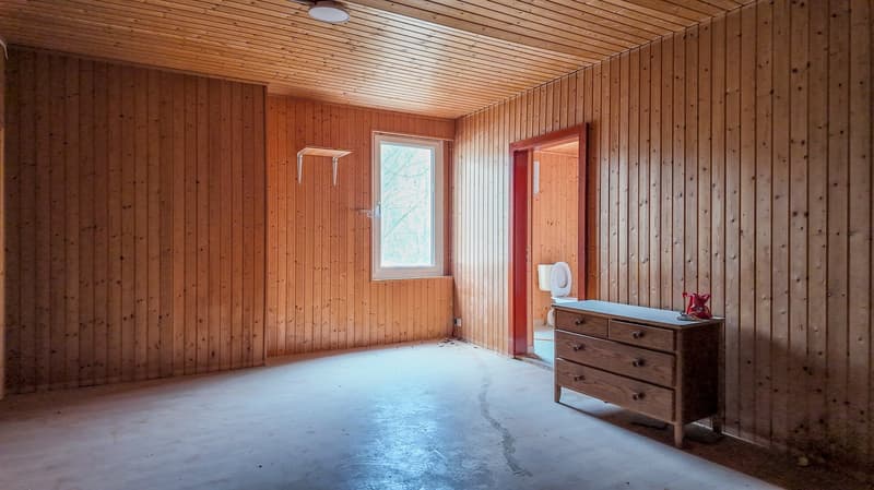 wooden wall, window, wooden floor, toilet