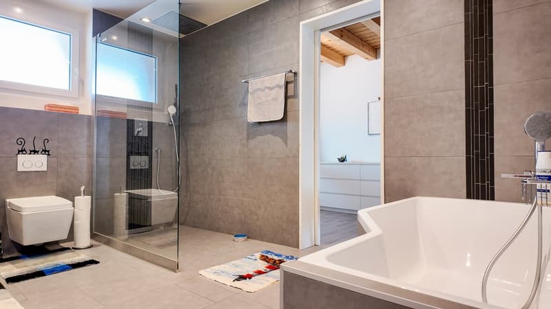 Gray tile, glass shower enclosure, walk-in shower, towel rack, built-in toilet, white bathtub, bowl with soap, toilet paper roll, and rug.