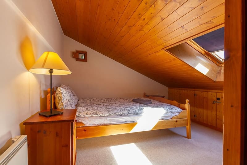 wooden bed, nightstand with lamp, wooden wardrobes, attic ceiling, skylight