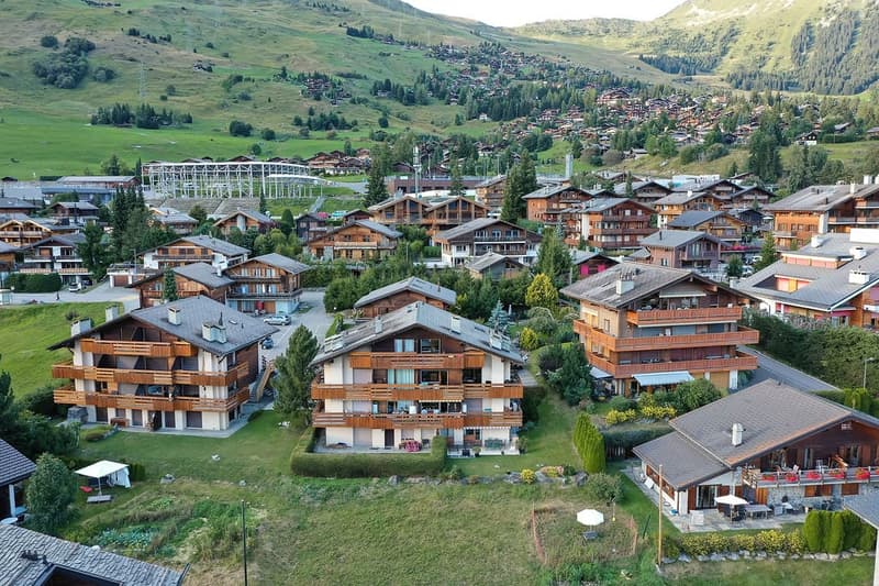 Wooden chalet style buildings, balconies, lush green surroundings, mountain view