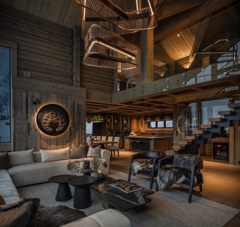 modern open-plan living and dining space, fireplace, wooden wall, large stairs, balcony