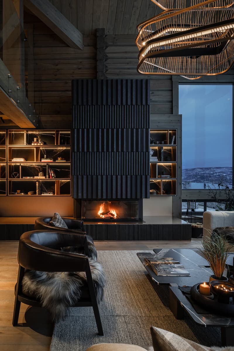 Contemporary living room with fireplace, wooden floor, large window, wooden shelf, modern furnishings