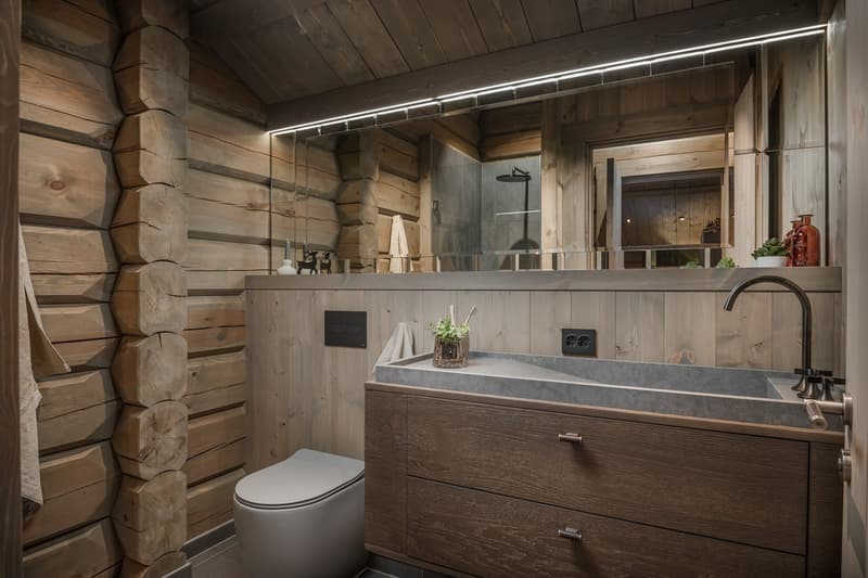 Log cabin bathroom with wooden walls, white toilet, wooden cabinet, gray countertop, modern faucet, mirror, lighting, and plants