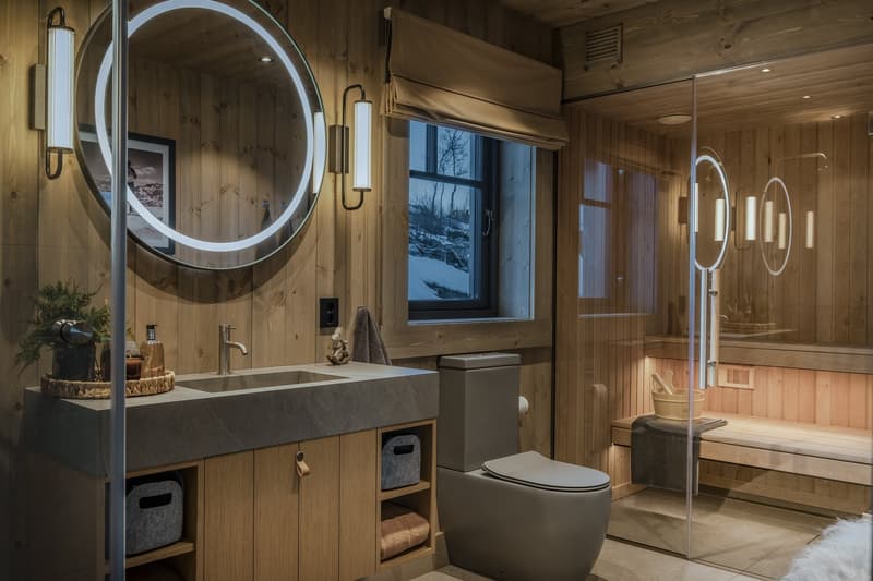 Modern bathroom with wooden wall, sink, mirror, toilet, glass door to sauna, lamp, wooden storage bench, plant on the shelf.