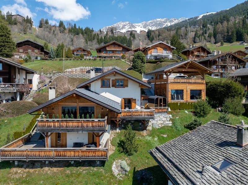 Wooden chalet, multiple balconies, surrounded by other chalets, green lawn, mountain view