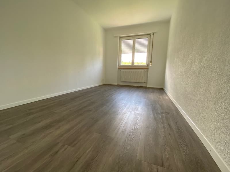 wood floor, white walls, window with shutters, heater