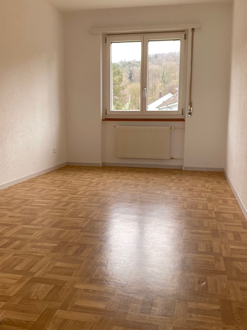 Empty room, wooden wall, carpet floor, window with blinds, white walls
