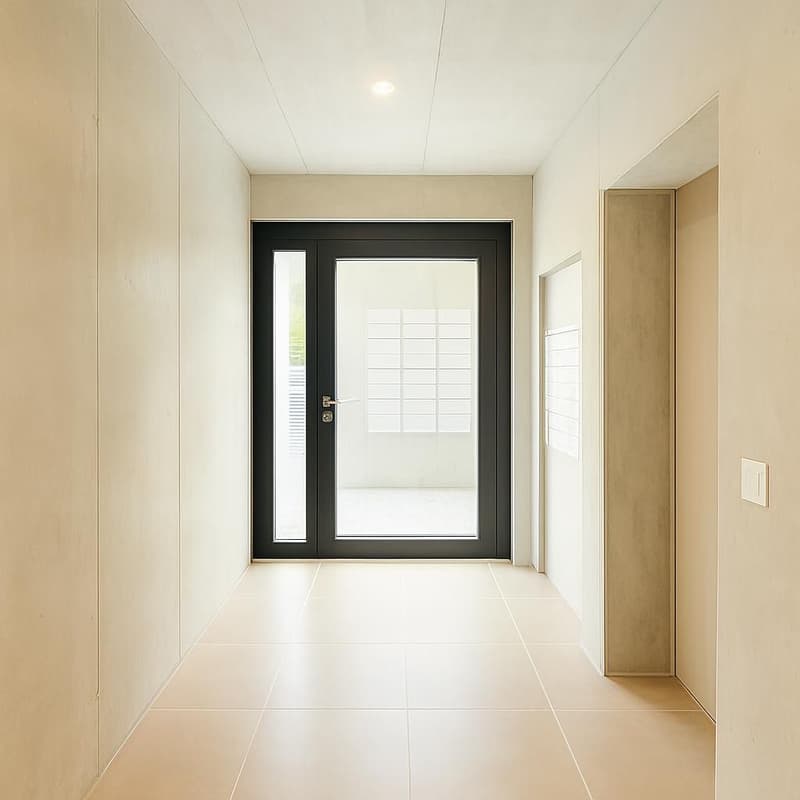 Entryway with tiled flooring, white walls, black framed glass door with a silver handle.
