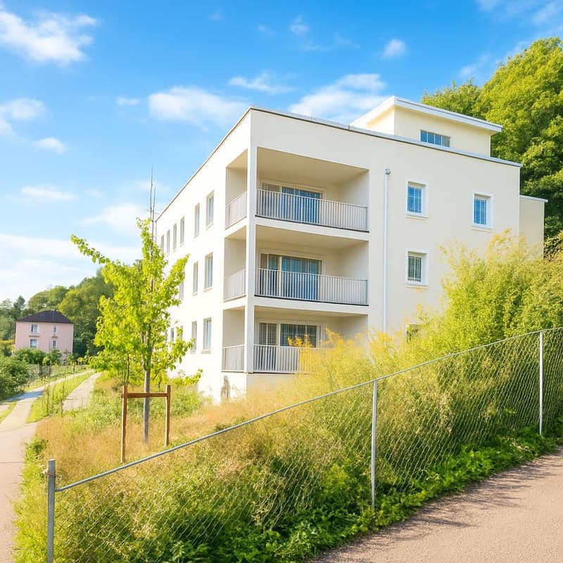 4 story building, balcony, metal fence, concrete walkway, lush vegetation, pink house in the background.