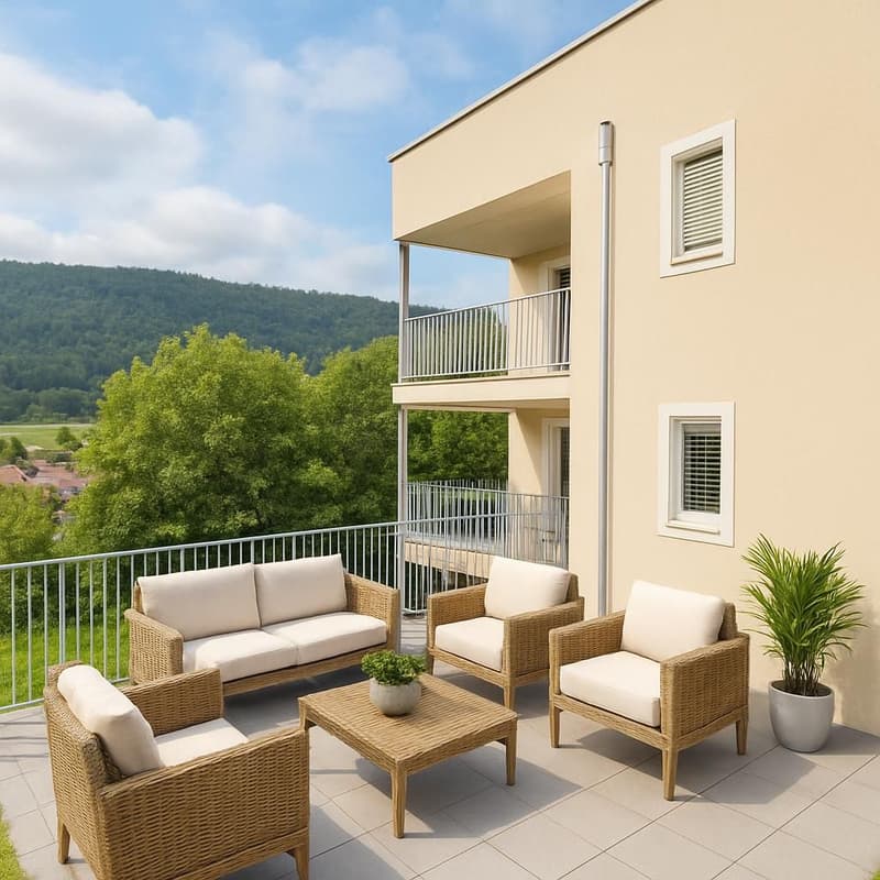 Balcony with white sofa, side tables, chairs, potted plants, fence, tile flooring