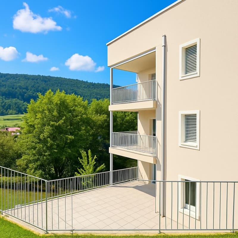 Terraced house, two floors, tiled terrace, balconies, beige exterior