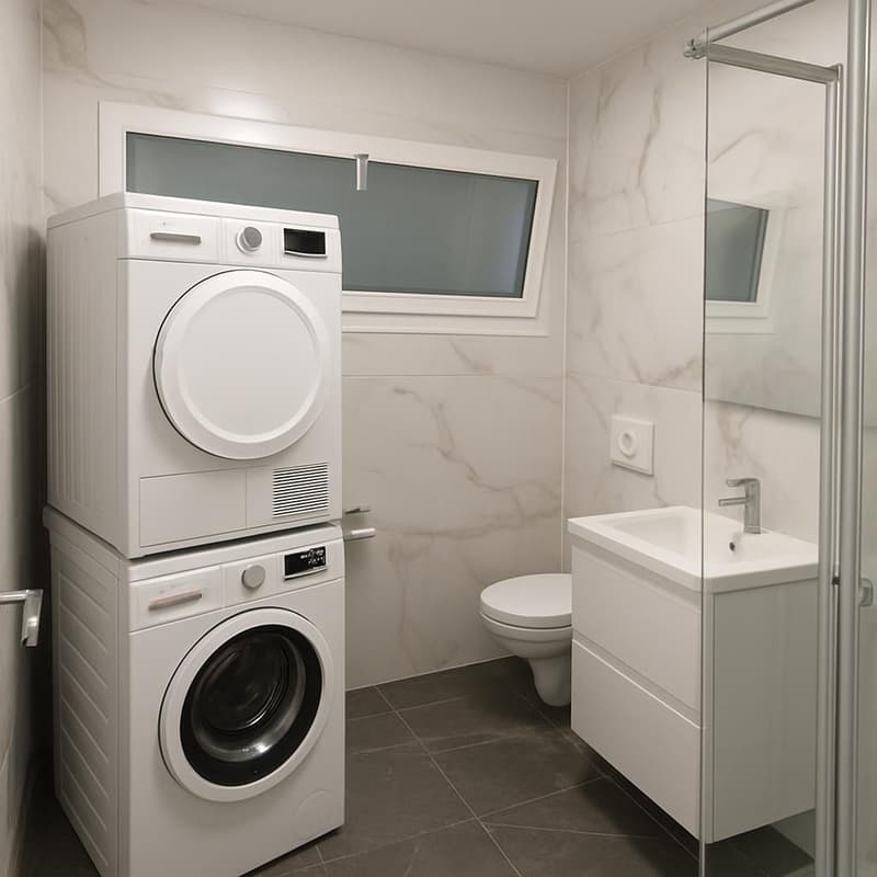 laundry washing machine, laundry dryer, toilet, vanity, sink, shower enclosure