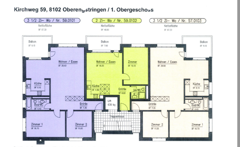 Grundrissplan (violett=Wohnung)