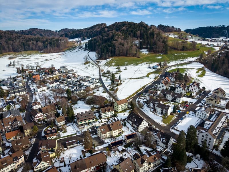 snowy landscape, village, roads, multiple residential buildings, hills, and trees
