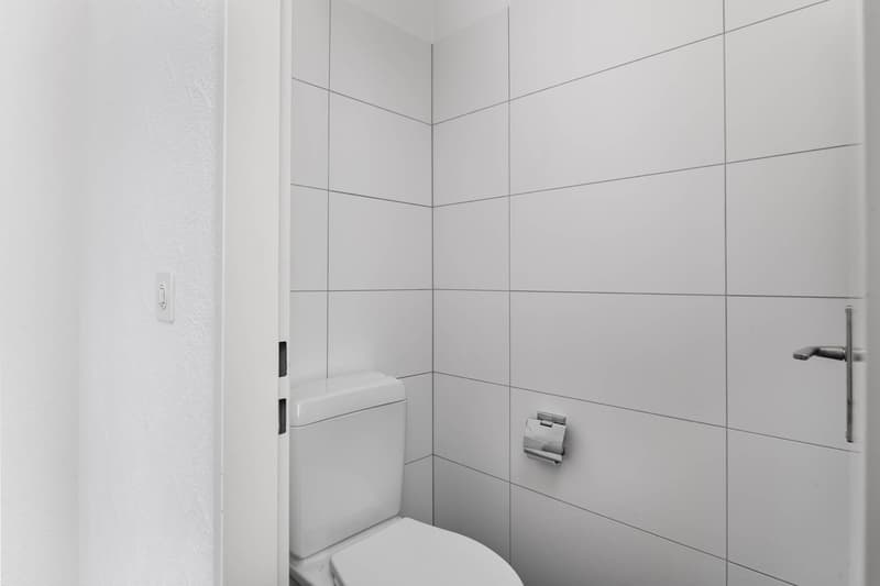 white walls, toilet, door, light switch, toilet paper holder