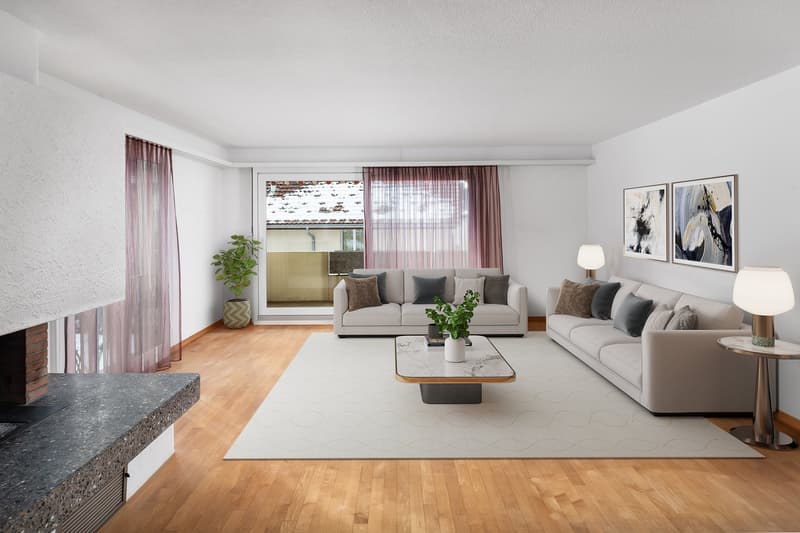 wooden floor, white walls, white fireplace, white couches, two tables, a rug, two lamps, a potted plant, curtains, art