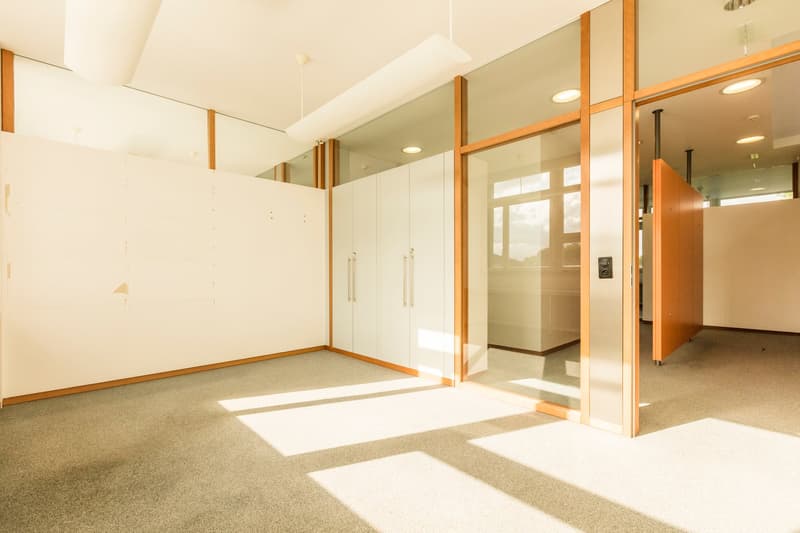 Spacious open-plan living area with large windows, wooden accents, and built-in closets. The room has a bright and airy feel with natural light streaming in.