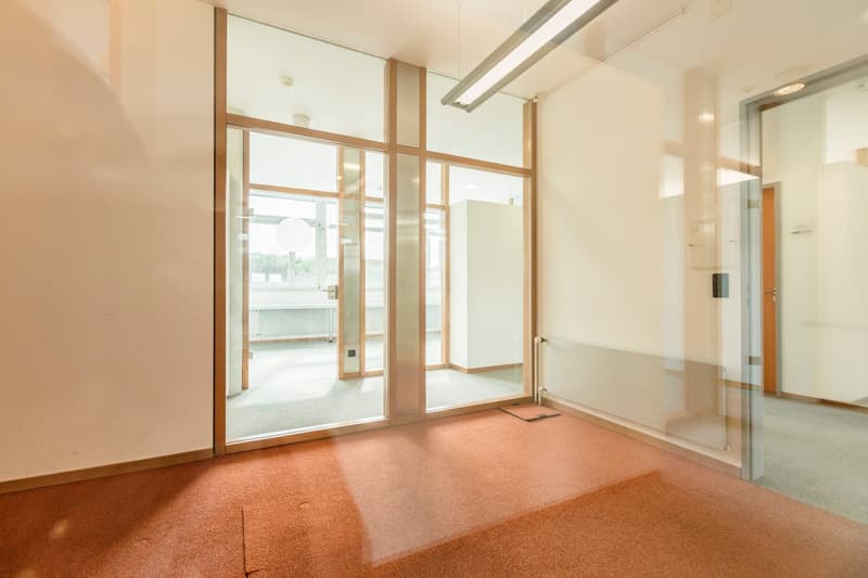 Spacious room with large windows, wooden framing, and cork flooring. The room appears to have access to a balcony or terrace through the glass doors.